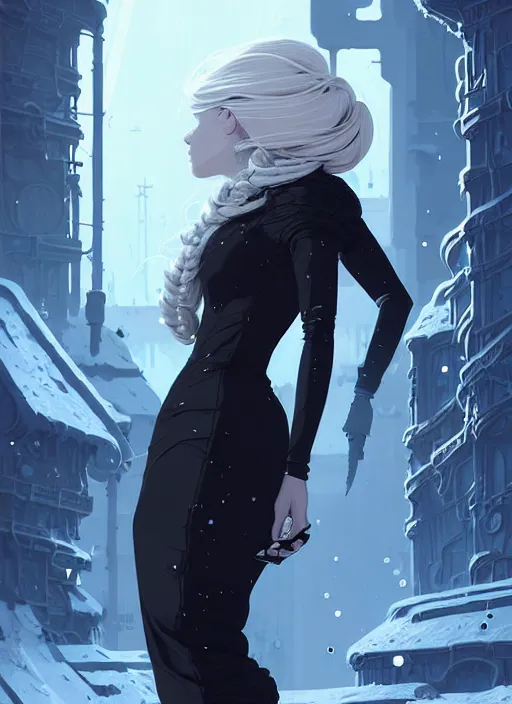Image similar to highly detailed portrait of a hopeful frostpunk long blonde hair lady with curvy short black dress, stray wiring by atey ghailan, james gilleard, by joe fenton, by greg rutkowski, by greg tocchini, by kaethe butcher, 4 k resolution, gradient blue, black and white color scheme!!! ( ( ice and snow entrenched robotic dystopian city background ) )