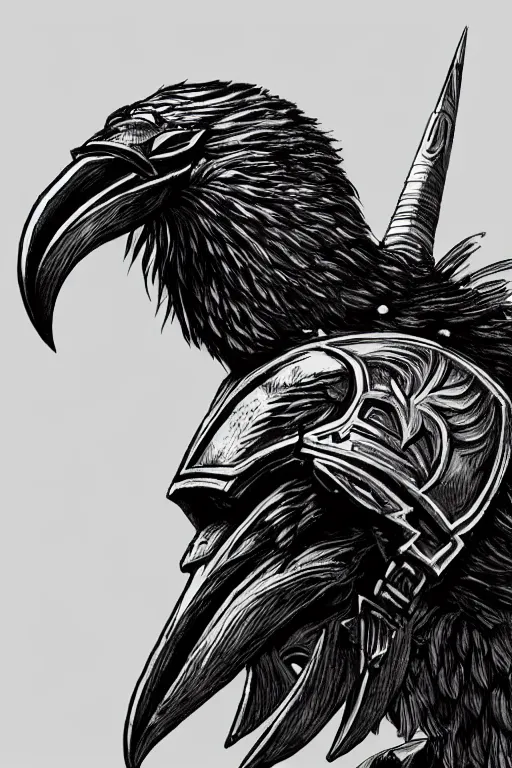 Image similar to armoured warrior, long beak, crows feet, symmetrical, highly detailed, digital art, crow themed armour, sharp focus, trending on art station, kentaro miura manga art style