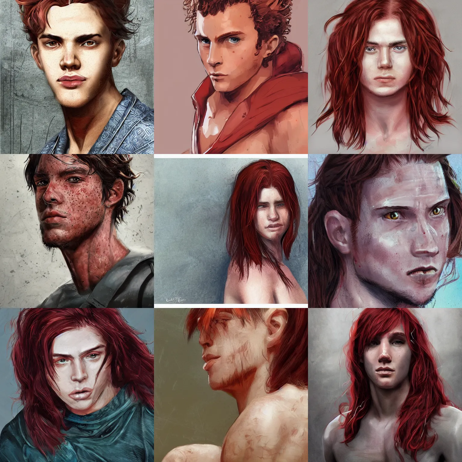 Image similar to portrait of a teen boy with long red hair and a lot of freckles and muscular, intricate, highly detailed, digital painting, artstation, sharp focus, illustration