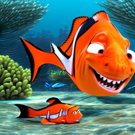 Prompt: finding nemo but nemo eats a shark hyperrealism