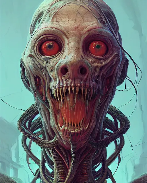 Prompt: portrait of carrion crawler hunter, intricate abstract. intricate artwork, by tooth wu, wlop, beeple, dan mumford. concept art, octane render, trending on artstation, greg rutkowski very coherent symmetrical artwork. cinematic, key art, hyper realism, high detail, octane render, 8 k, iridescent accents