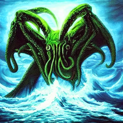 Image similar to hyperealistic painting of cthulhu is fighting many gods in a ocean that is in space, and cthulhu is wreaking havoc and causing the structure of the ocean to collapse