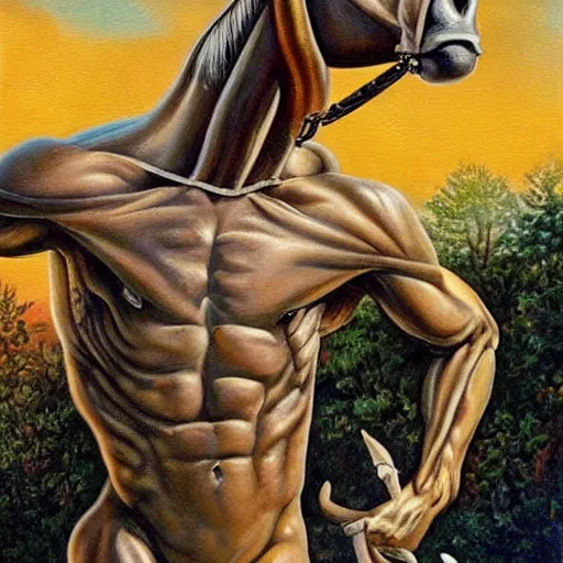 Image similar to beautiful lifelike painting of a centaur centaur centaur chimera tom cruise torso, majestic cinematic, hyperreal detailed facial features and uv lighting, art by ed roth and basil wolverton