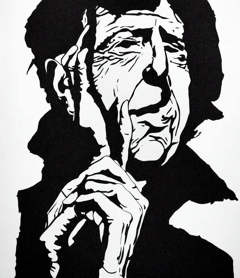 Prompt: one line art portrait of leonard cohen, black and white