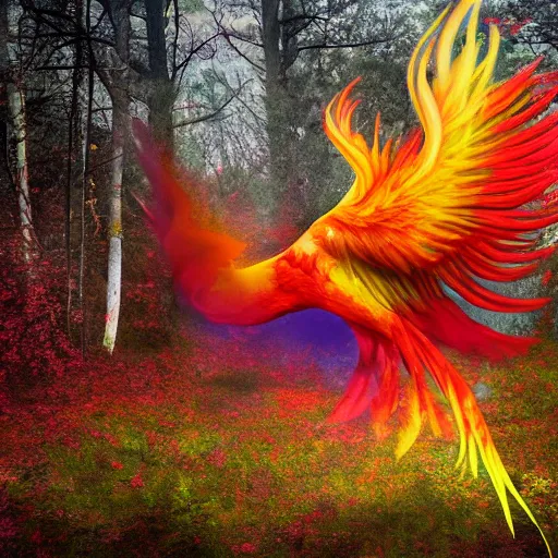 Prompt: A colorful phoenix full of color in an abandoned forest, photo realistic, 8k