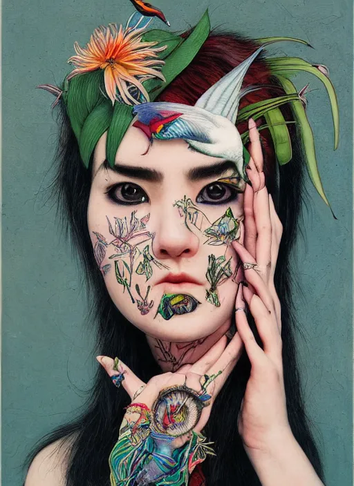 Prompt: an awkward punk woman with a crooked nose, cat eye, botanical, birds of paradise, portrait face, colorful, kupka, intricate, miles johnston, kuroda seiki, ozabu, godward, painterly, yoshitaka amano, moebius, miles johnston, louise zhang, james jean, mark ryden lowbrow pop surrealism art style