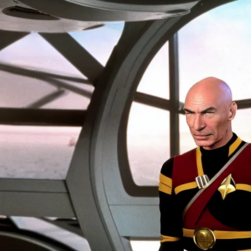 Prompt: muscular captain Picard in starfleet uniform on the bridge of the USS Enterprise