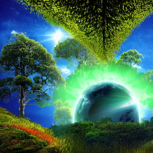 Image similar to A photo realistic green forrest with blue skies, a portal with a blue and orange nebula is showing at the back