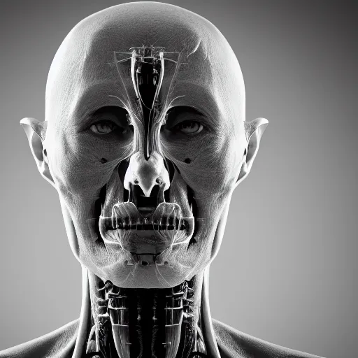 Image similar to human face without skin, nerves exposed, anatomically correct, 4k, bokeh, professional photography