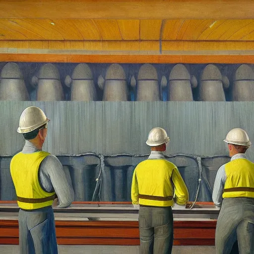 Image similar to hydroelectric dam interior, turbines, workers in hardhats, grant wood, pj crook, edward hopper, oil on canvas