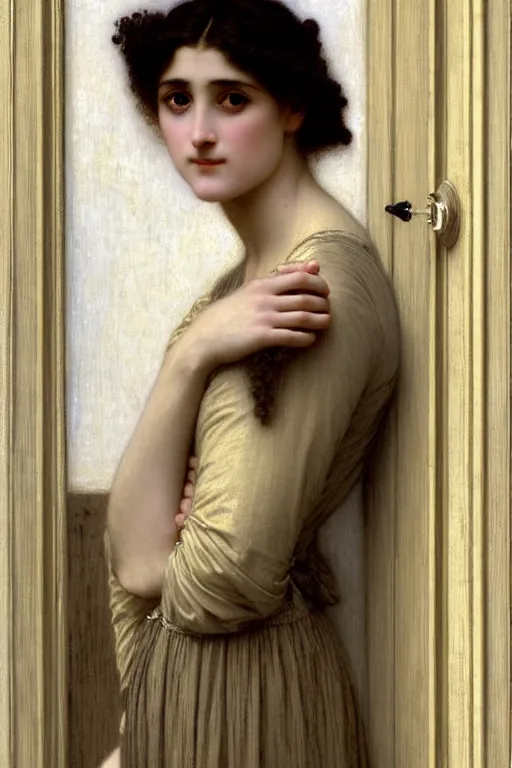 Image similar to lady in thought by auguste toulmouche and bouguereau, perfect detailed eyes, beautiful hands, pale skin, blonde hair, leaning on door
