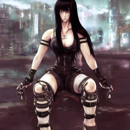 Image similar to painted conceptual art of tifa lockhart from from final fantasy 7 in her signature outfit with the steam punk city midgard as backdrop, by master artist yoshitaka amano