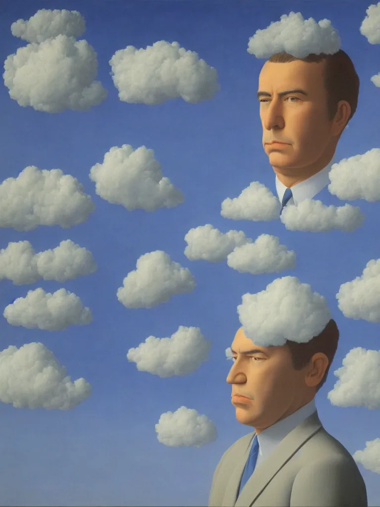 Prompt: portrait of cloud man by rene magritte, detailed painting, hd, hq, high resolution, high detail, 4 k, 8 k