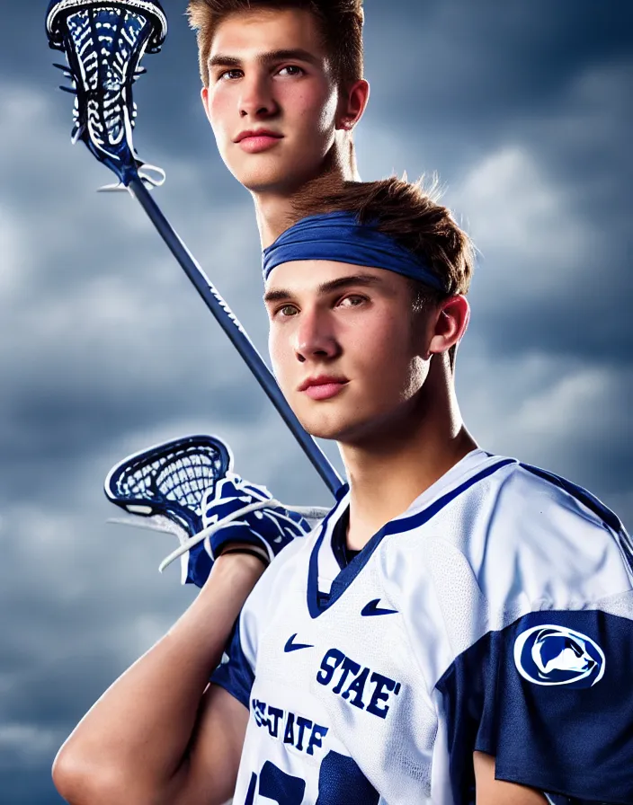 Image similar to closeup portrait of very beautiful cute male lacrosse player in a penn state stadium, glamour pose, particle effects, backlit, highly detailed, soft ambient lighting, sharp focus, rule of thirds, artgerm, wlop, arney freytag, rossdraws, frank frazetta, andrei riabovitchev, hd, octane, 4 k