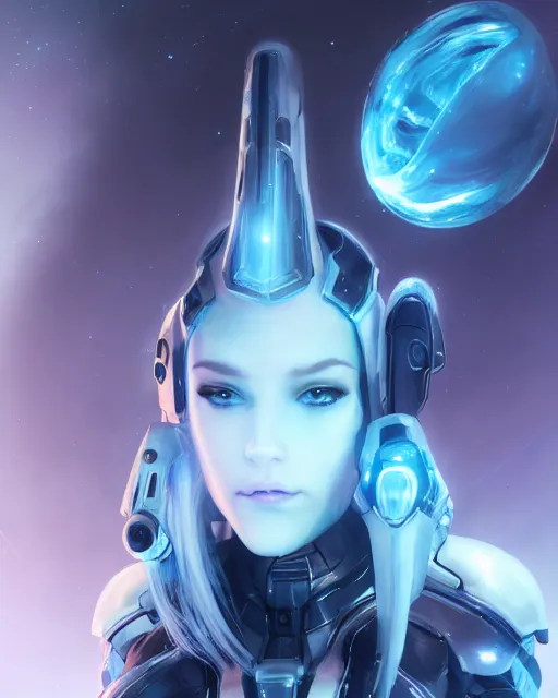 Image similar to perfect android girl on a mothership, warframe armor, beautiful face, scifi, futuristic, galaxy, nebula, raytracing, dreamy, long white hair, blue cyborg eyes, sharp focus, cinematic lighting, highly detailed, artstation, divine, by gauthier leblanc, kazuya takahashi, huifeng huang