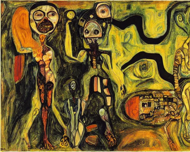 Prompt: a painting of a aliens and cyborgs by graham sutherland, egon schiele, gustav klimt, expressionism