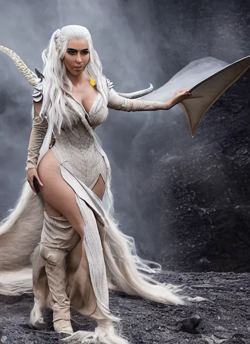 Image similar to full-body photograph of Kim Kardashian as Daenerys Targaryen riding a dragon, XF IQ4, 150MP, 50mm, F1.4, ISO 200, 1/160s, natural light