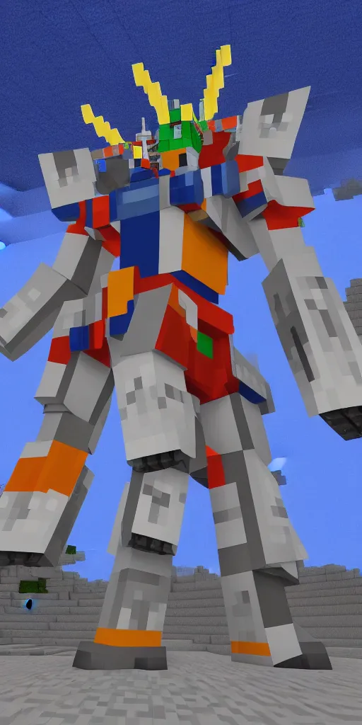 Prompt: 100 meter tall gundam built in Minecraft