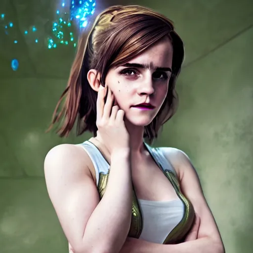 Prompt: full shot photograph portrait of a woman as Emma Watson as Dva from Overwatch, elegant, 70mm lens, outdoors lighting, nature background, symmetric circular iris, detailed moisture, detailed droplets, detailed intricate hair strands, DSLR, ray tracing reflections, symmetrical face and body, gottfried helnwein and Irakli Nadar, eye reflections, focused, unreal engine 5, vfx, post processing, post production, single face