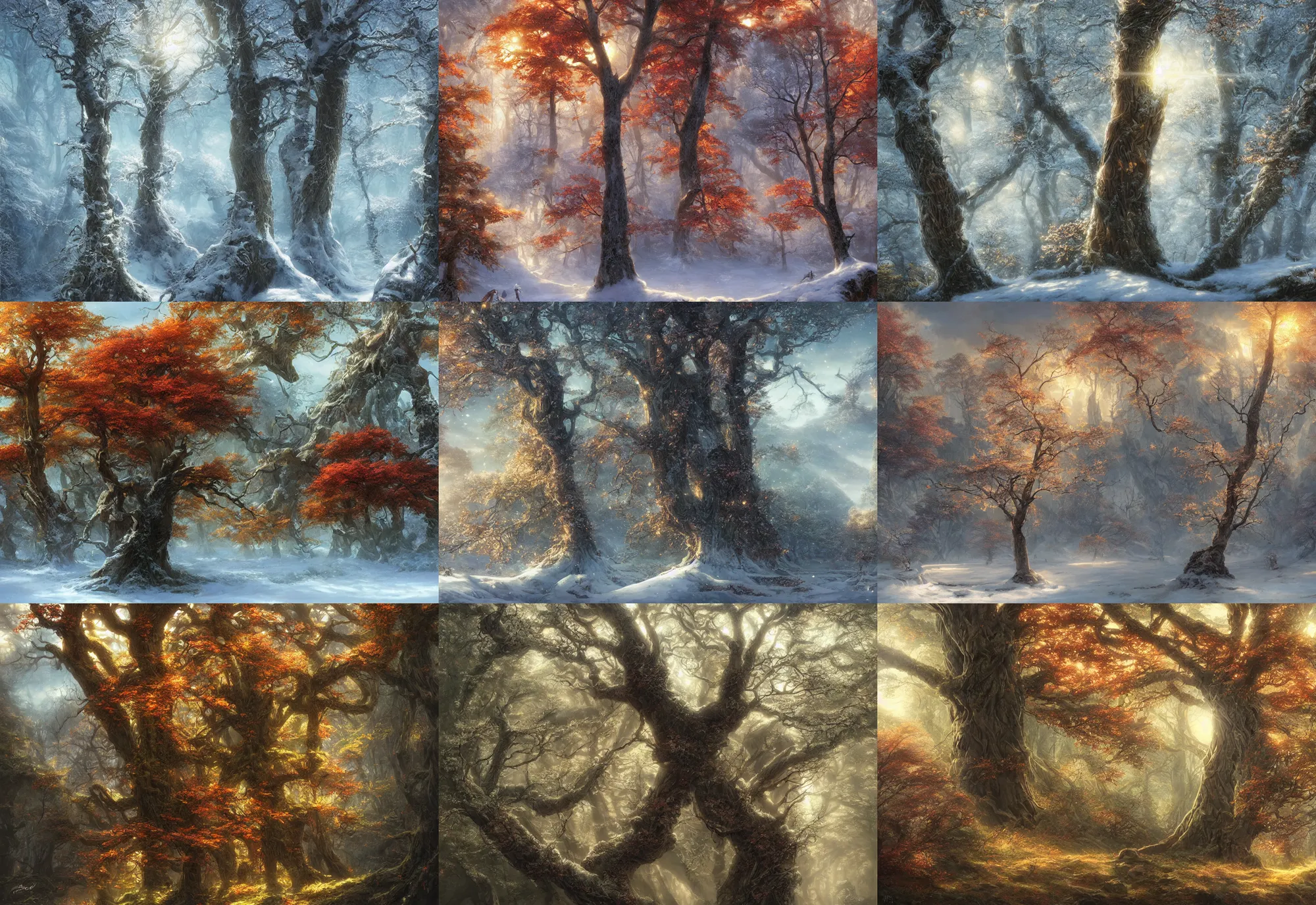 Image similar to tree, spring, summer, autumn, winter, snow, volymetric light, highly detailed matte painting, noriyoshi ohrai, charlie bowater, mark brooks