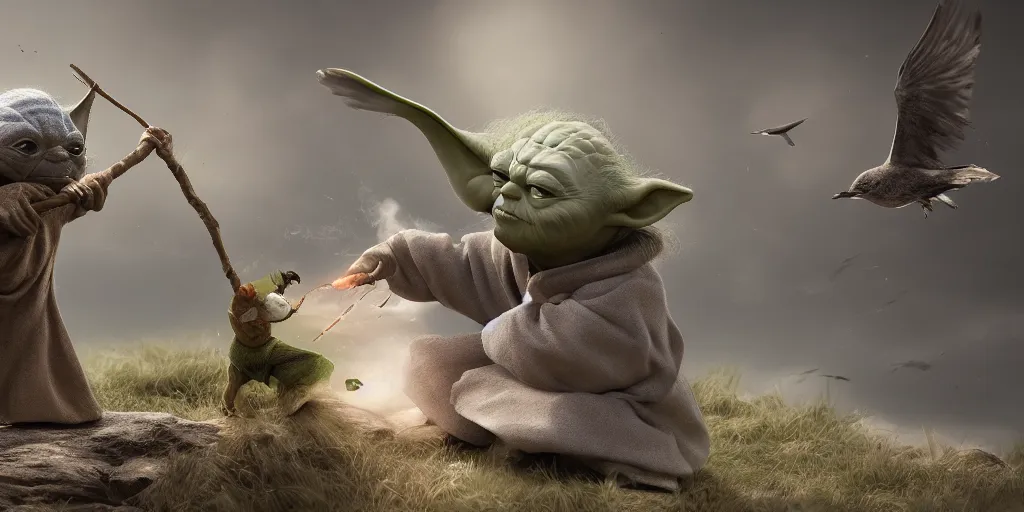 Image similar to Yoda smacking a seagull with a stick, hyperdetailed, artstation, cgsociety, 8k