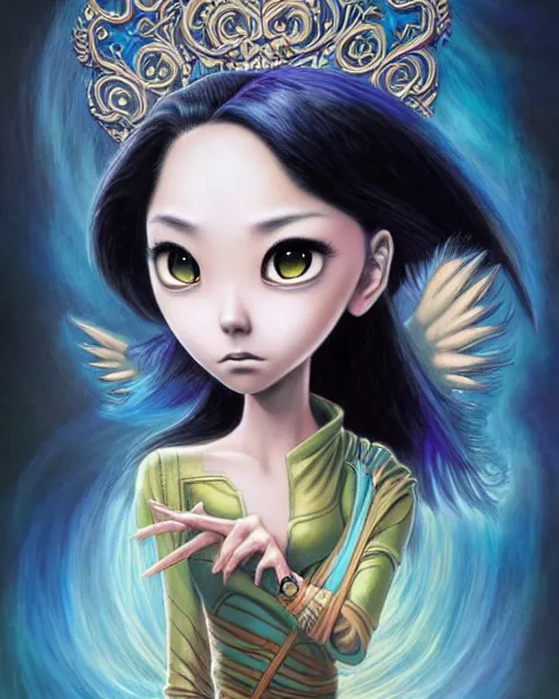 Image similar to an epic fantasy comic book style painting of a young malaysian woman, flying magician, lace, expressive, pastel palette, dark piercing eyes, tan skin, beautiful futuristic hair style, awesome pose, character design by mark ryden pixar hayao miyazaki, ue 5