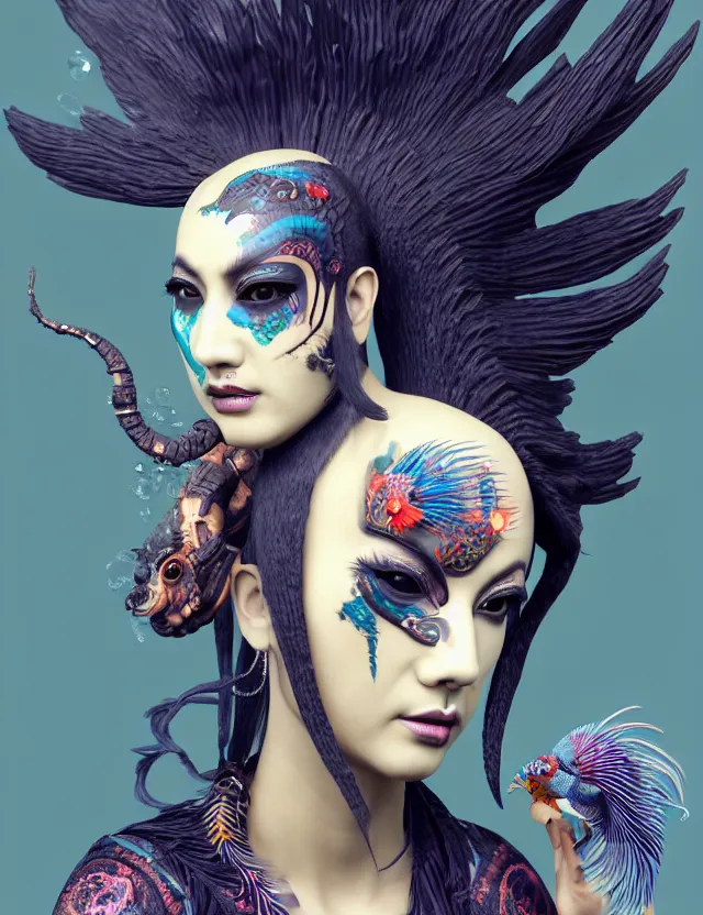 Image similar to 3 d goddess close - up profile portrait punk with mohawk with ram skull. beautiful intricately detailed japanese crow kitsune mask and clasical japanese kimono. betta fish, jellyfish phoenix, bio luminescent, plasma, ice, water, wind, creature, artwork by tooth wu and wlop and beeple and greg rutkowski