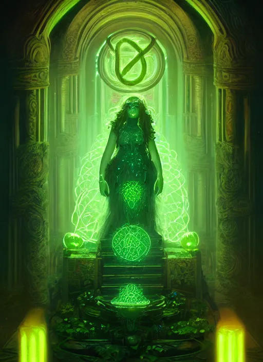 Image similar to portrait of the goddess of life, green glowing runes, overgrown altar, intricate, elegant, glowing lights, highly detailed, digital painting, artstation, concept art, smooth, sharp focus, illustration, art by wlop, mars ravelo and greg rutkowski