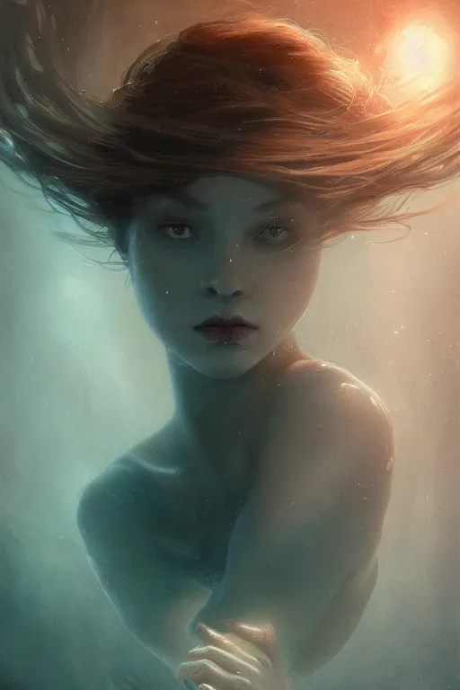 Image similar to floating deep in dark murky water!!!, underwater atmospheric mood, asleep and dreaming! cinematic volumetric lights, bust portrait, dnd, fantasy, intricate, elegant, highly detailed, digital painting, artstation, concept art, smooth, sharp focus, illustration, art by artgerm and tom bagshaw and greg rutkowski and alphonse mucha