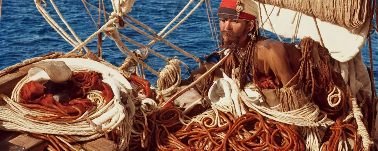 Image similar to the pirate blackbeards spaghetti treasure, aboard his sailboat, caribbean, 1 7 0 0 s, canon 2 0 mm, photograph, kodachrome,