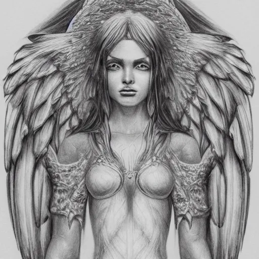 Prompt: angelic possessed maiden, daughter of the highest archangel glasyalabolas, pencil detailed drawing, fantasy concept art