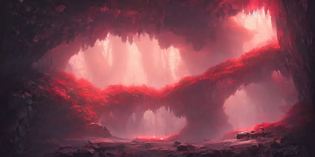 Image similar to entrance to small cave inside the forest, large glowing red crystalline sprouts growing. In style of Greg Rutkowski, Jesper Ejsing, Makoto Shinkai, trending on ArtStation, fantasy, great composition, concept art, highly detailed, scenery, 8K, Behance.