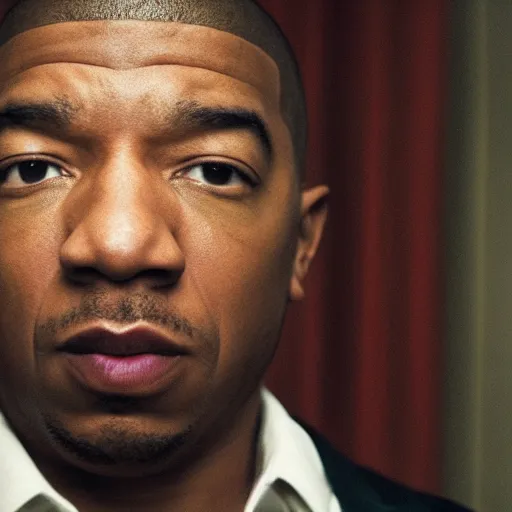 Prompt: a cinematic film still of Ja Rule starring in The Shining, portrait, 40mm lens, shallow depth of field, close up, split lighting, cinematic