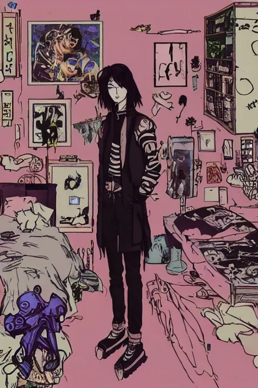 Prompt: a skinny goth guy standing in a cluttered 9 0 s bedroom, full body character concept art, vaporwave colors, hirohiko araki art, inio asano art,