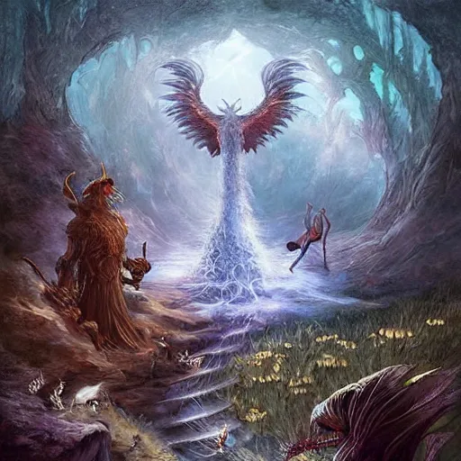 Image similar to a never - ending fantasy art, depicting scenes and creatures from otherworldly realms.