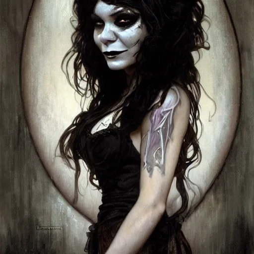 Image similar to beautiful portrait of vanessa hudgens as death from sandman, smiling, by cedric peyravernay, alphonse mucha, by jeremy mann, by lecouffe deharme, goth chic, soft lightning, eyeliner, punk rock, high detailed, 8 k