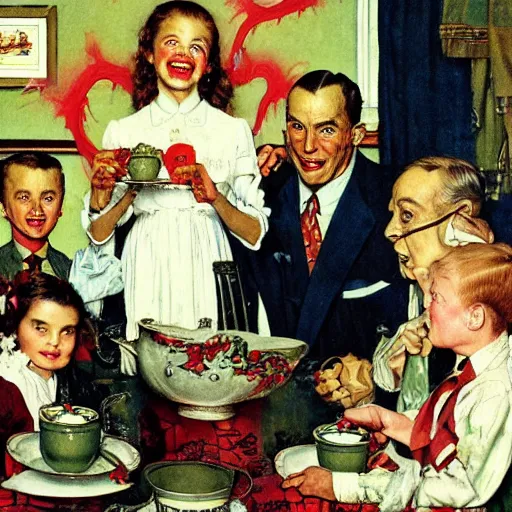 Image similar to a family invite a hellspawn demon to tea, painted by norman rockwell and tom lovell and frank schoonover