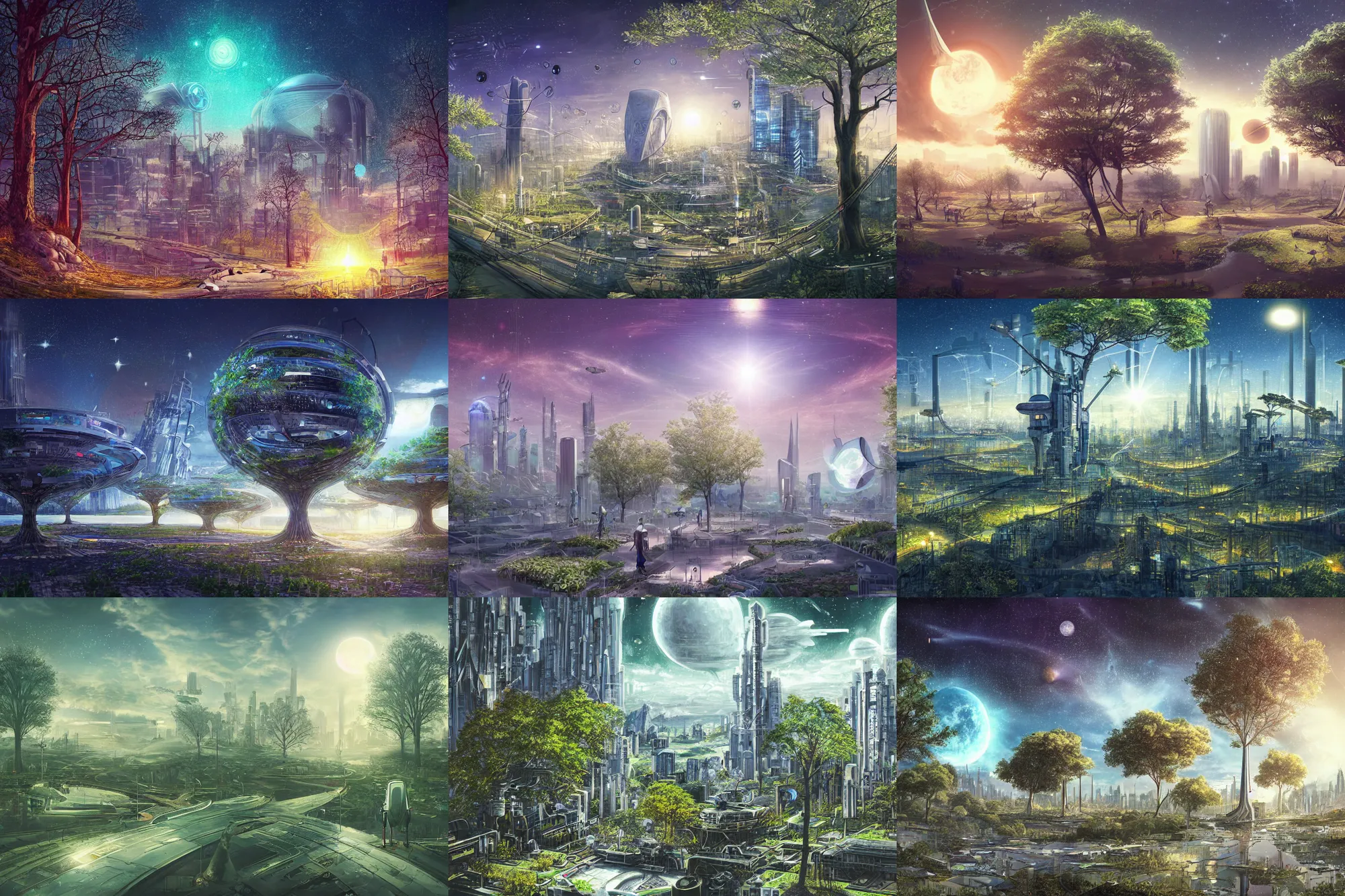 Prompt: futuristic cityscape, solarpunk, technological, view of the cosmos, trees, uotpia, highly intricate, art by WOLP