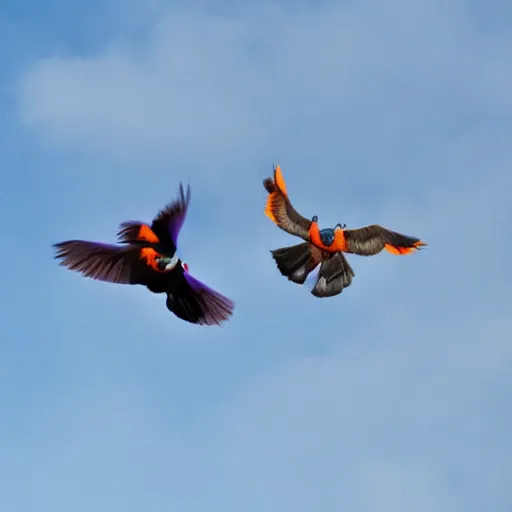 Prompt: pigeon and Phoenix flying together, purple and orange trails