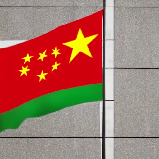 Image similar to a flag that is the combination of the Chinese and Saudi Arabian flags, flapping in the wind above a building