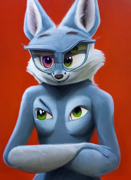 Image similar to oil painting detailed full body of anthromorphic female wolf, in style of zootopia, zootopia, zootopia, fursona, furry, furaffinity, 4 k, deviantart, furry art, fursona art, wearing astronaut outfit, in style of zootopia, wolf fursona, cyberpunk, female, expressive, detailed feminine face,