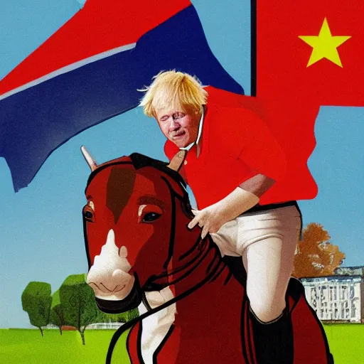 Prompt: a portrait of boris johnson in boxer shorts riding a horse, communist propaganda