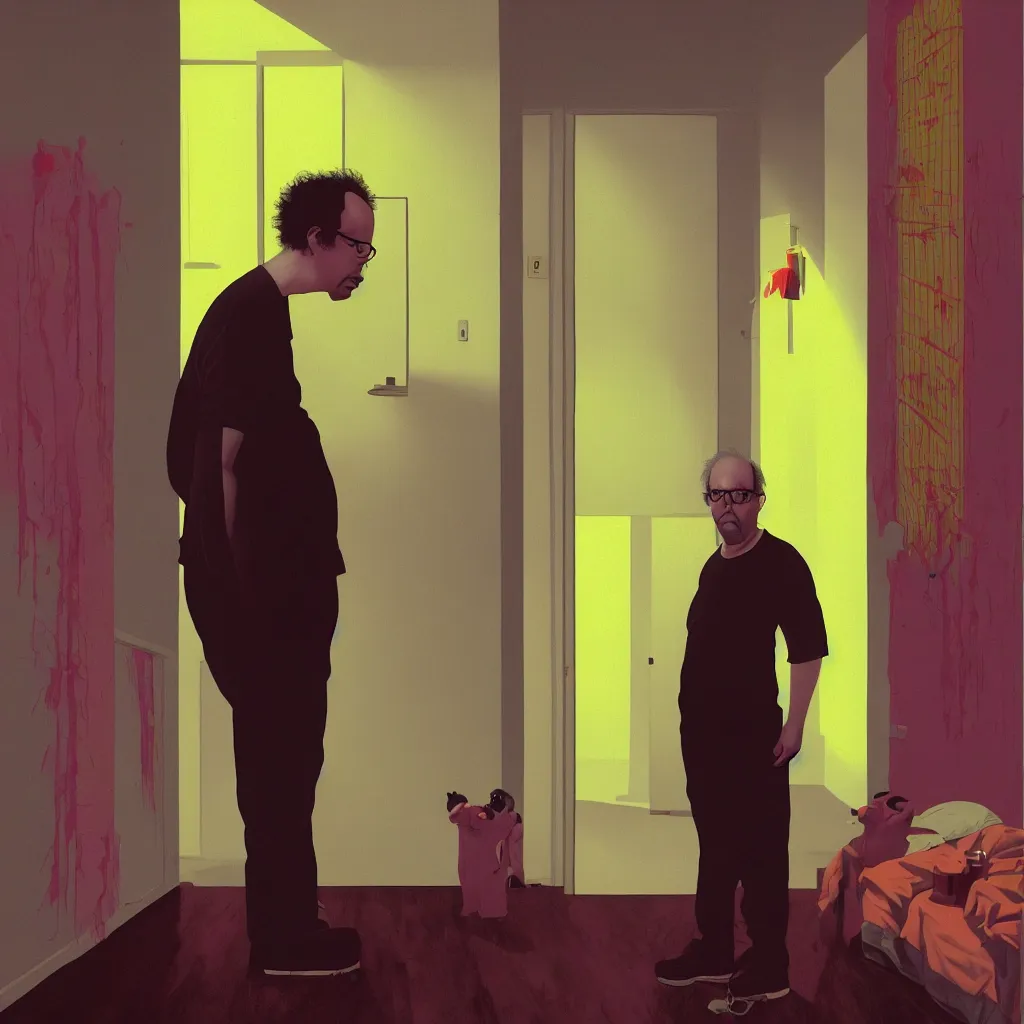 Image similar to weird and disturbing portrait of todd solondz standing alone in an empty appartment, vivid colors, neon, art by gregory crewdson, ( ( ( kuvshinov ilya ) ) ) and wayne barlowe and francis bacon and artgerm and wlop and william - adolphe bouguereau