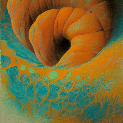 Image similar to layerd refracting fractal hell curve loon croissant moscato peach, by johfra bosschart and edouard manet and zdzisław beksinski, mixed media, # macro, abstract