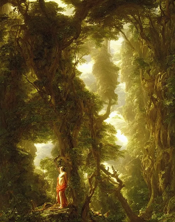 Image similar to an ancient greek statue lost in a gigantic forest by thomas cole, painting, cinematography, epic lighting,