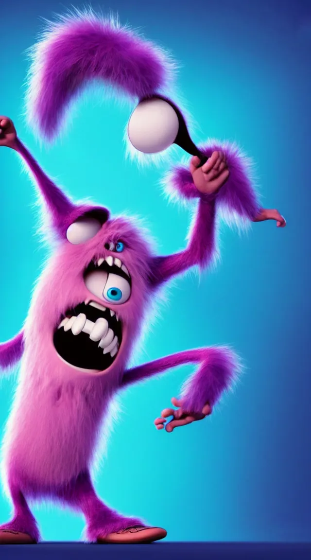 Image similar to a full studio shot of a deadly virus as a pixar character against a dark cyan backdrop. it is sinister yet friendly. hair, fur, fleshy, cute.