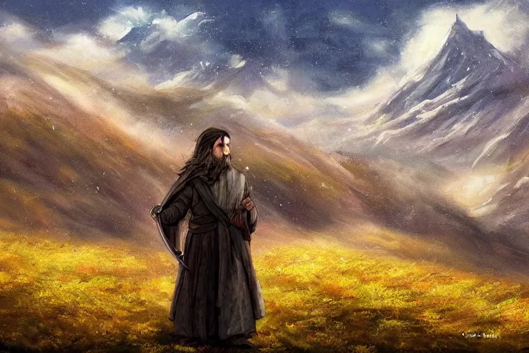 Image similar to concept art, mood painting, environment painting, rohan man holding white flower looking at flower large field autumn october snow capped mountains in background lord of the rings lotr. style of, ryan church, jon mccoy, george hull, painting