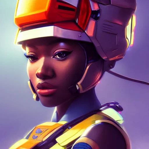 Image similar to portrait cartoon manga anime render of a strikingly gorgeous nigerian 👩🏿, wearing an intricate gundam pilot helmet, rossdraws, artgerm, norman rockwell, emiliano ponzi, epic composition, hd, octane, unreal engine, volumetric lighting, light rays, masterpiece, award - winning