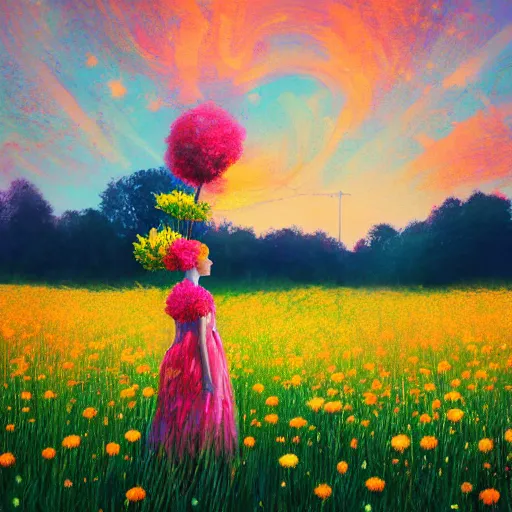 Image similar to exploding flower afro, full body, girl standing in the middle of a field with flowers, surreal photography, hills, sunrise dramatic light, impressionist painting, colorful clouds, digital painting, pointillism, artstation, simon stalenhag