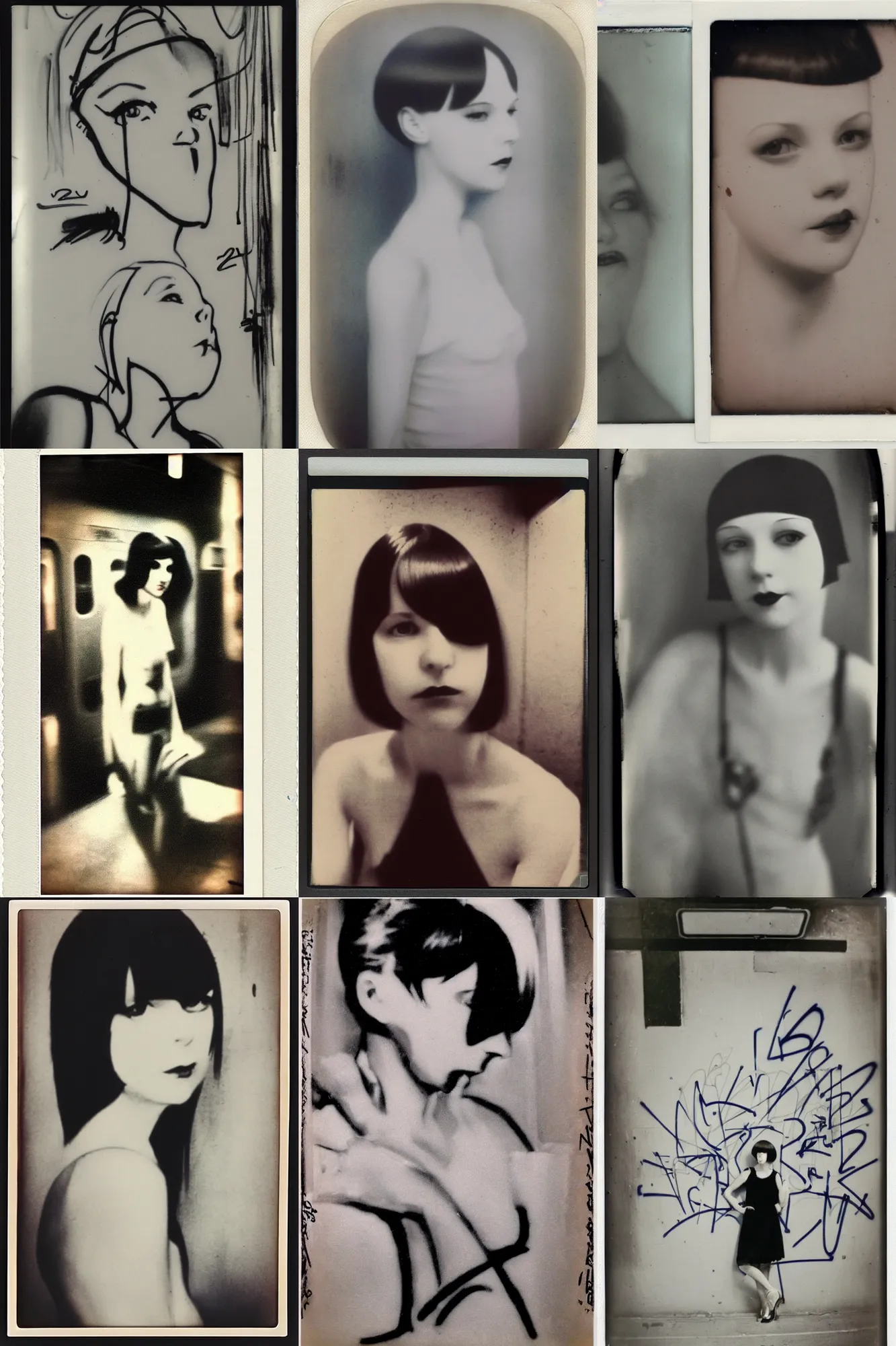 Prompt: graffiti on the subway of 2 2 yeard old mary louise brooks, graffiti by zephyr, polaroid